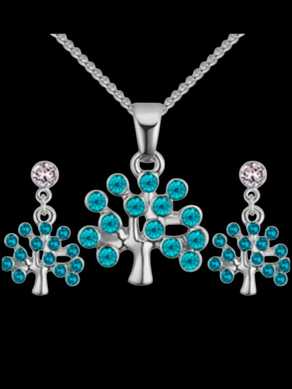 Silver Tone Blue Crystal Lucky Tree Necklace Set